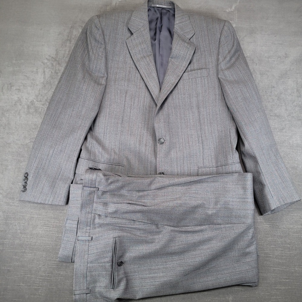 Hickey Freeman Madison Mens 41L Suit Gray Striped Worsted Wool 36" Pleated Pants